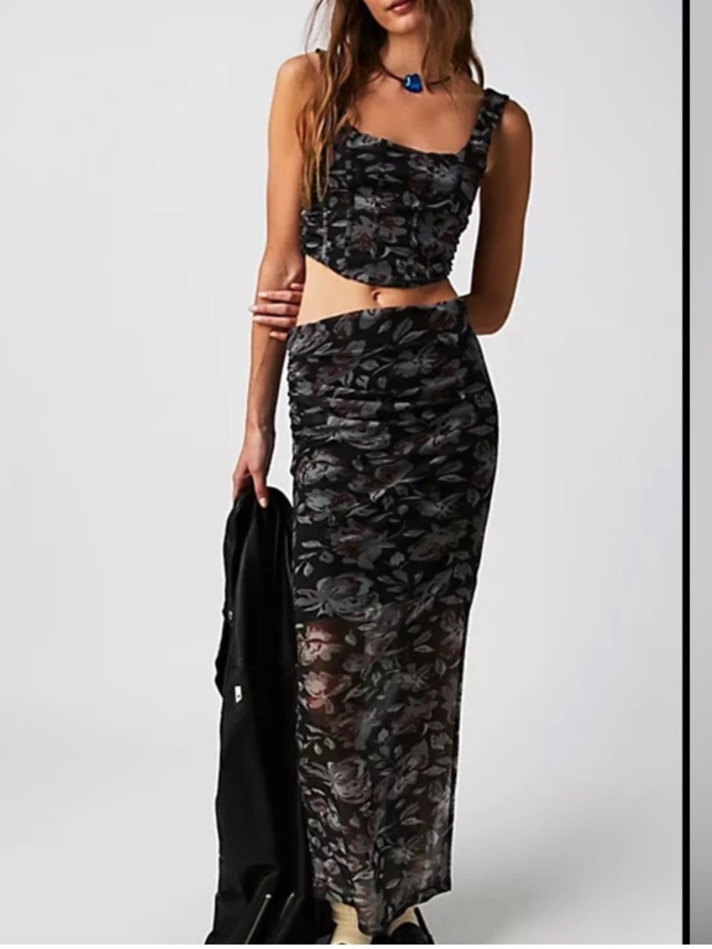 Free People Galaxy Black Sheer Floral Midi Skirt